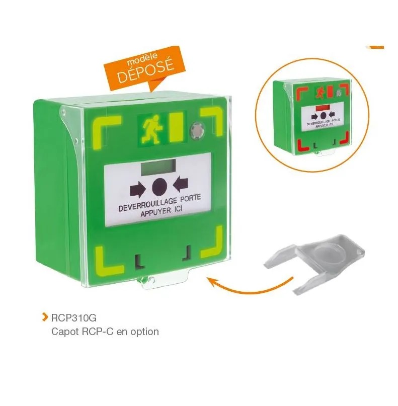Déclencheur manuel vert RCP, 3 contacts, signal lumineux rouge ou vert suivant état & alarme sonore, 12/24/48V DC, réarmement en façade, possibilité de piloter le buzzer par une commande extérieure, livré avec 1 capot, 2 clés, 1 scellé