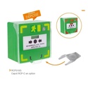 Déclencheur manuel vert RCP, 3 contacts, signal lumineux rouge ou vert suivant état & alarme sonore, 12/24/48V DC, réarmement en façade, possibilité de piloter le buzzer par une commande extérieure, livré avec 1 capot, 2 clés, 1 scellé