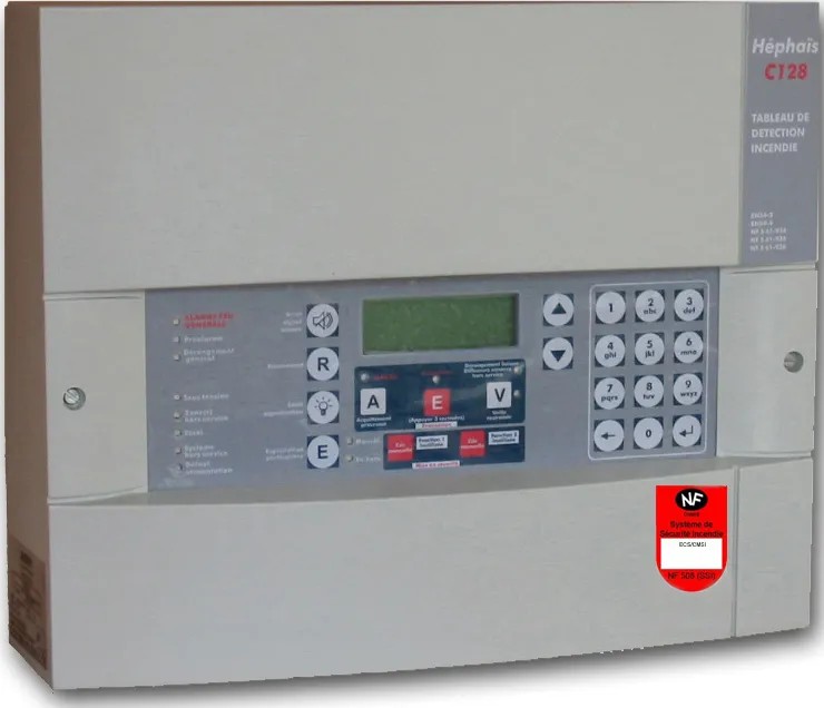 HEPHAIS C128 - avec 2 batteries 12V/7Ah et 1 batterie 12V/1,2Ah ECS/CMSI adressable en coffret mural d'une capacité de 128 points sur 4 lignes ou 2 boucles. Intègre 1 UGA.1 (1 ou 2 lignes) et 2 fonctions à rupture sans contrôle.