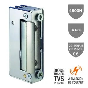 Gâche électrique 15 symétrique, à encastrer 16 mm, 4800 N, à émission de courant, 10-24V AC/DC, diode transil TVS intégrée