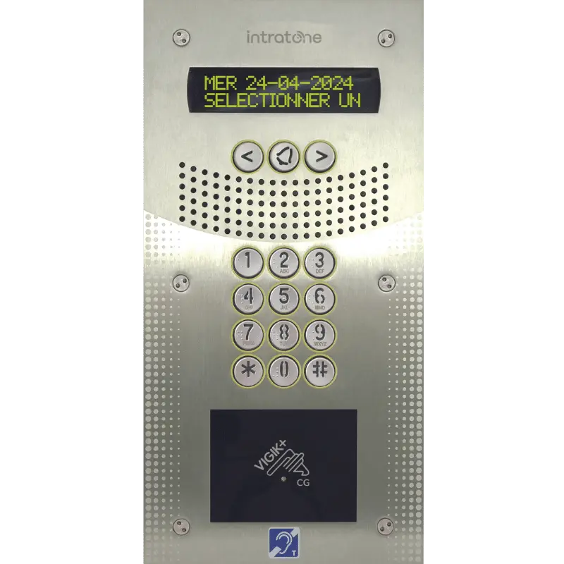 Interphone Vidéo V4 à défilement de noms, caméra Pinhol invisibale, avec clavier codé 12 touches rétro-éclairées et lecteur de proximité Vigik+ mains-libres - Pose en encastrement - Fintion Inox 