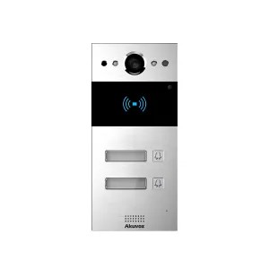 Interphone vidéo compact SIP avec 2 boutons (Video & Lecteur de carte). Caméra 3MP Grand Angle 120° Anti-vandale. Façade aluminium - Montage Saillie. Prévoir boitier de montage pour encastré.