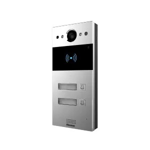 Interphone vidéo compact SIP avec 2 boutons et boucle magnétique (Video & Lecteur de carte).  Caméra 3MP Grand Angle 120° Anti-vandale. Façade aluminium - Montage Saillie. Prévoir boitier de montage pour encastré.