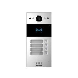 Interphone vidéo compact SIP avec 4 boutons (Video & Lecteur de carte). Caméra 3MP Grand Angle 120° Anti-vandale. Façade aluminium - Montage Saillie. Prévoir boitier de montage pour encastré.