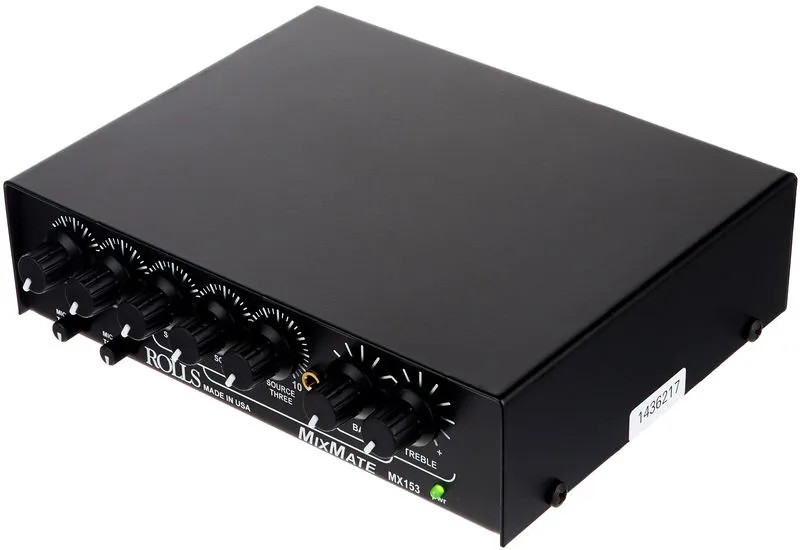 Mini mixeur stéréo - 2x entrées XLR niveau micro - 3x entrées auxiliaires RCA-EQ basses et aigus-Sortie RCA mono ou stéréo - Alimentation secteur fournie - Dimensions: 140 mm x 150 mm x 44 mm 