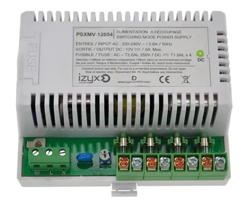 Module alimentation multivoies PSXMV, 7M, 4 voies, 230V AC / 12V DC (12-14V) / 5A, voyant d'état face avant, protection fusible en entrée et sortie