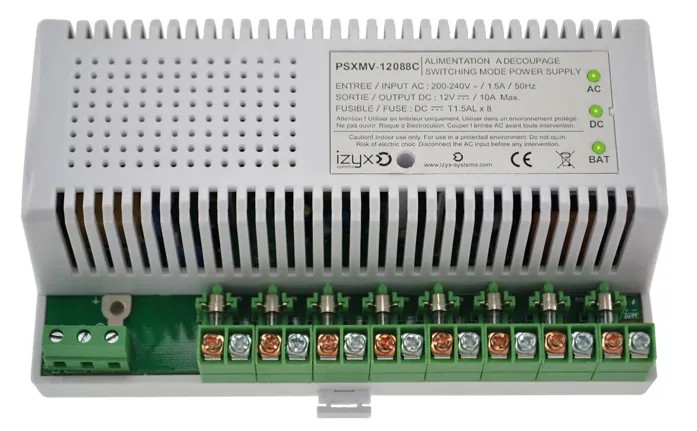 Module alimentation multivoies chargeur (secourue) PSXMV, 10M, 8 voies, 230V AC / 12V DC (13,8V) / 8A, voyant d'état face avant, protection interne en entrée et fusible en sortie