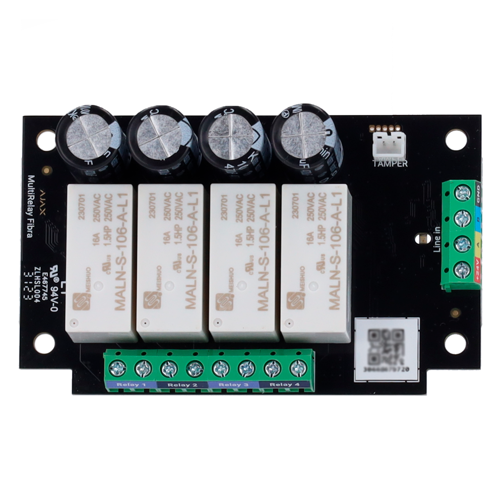 Module avec 4 relais indépendants Protocole Fibra Certificat de grade 3 Statut des contacts: NF et NO 2 modes de fonctionnement: impulsion et bistable