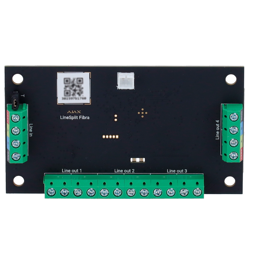 Module splitter de bus 1 entrée / 4 sorties Protocole Fibra Certificat de grade 3 Portée du câble jusqu'à 2.000 mètres Installation sur n'importe quelle partie du bus, y compris derrière un autre LineSplit