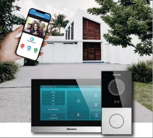 Pack villa wifi intégrant un portier vidéo SIP E12W avec caméra 2MP, moniteur 7' SIP wifi/Bluetooth C313W,  2 alims 12V, 4 badges et un accès à l'espace Smartplus Cloud pour gérer les accès aux 4 utilisateurs . 4 accès à l'App incluses.