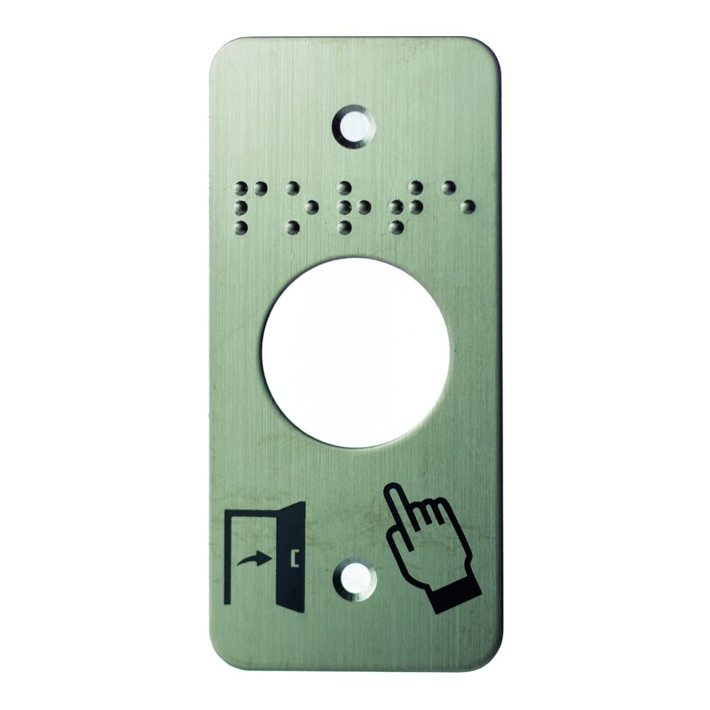 Plaque acier inox SSP125, 39,5 x 84,5 mm, perçage Ø 25 mm, pictogrammes "Porte + doigt" et "PORTE" en braille