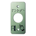 Plaque acier inox SSP125, 39,5 x 84,5 mm, perçage Ø 25 mm, pictogrammes "Porte + doigt" et "PORTE" en braille
