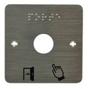 Plaque acier inox SSP201, 80 x 80 mm, perçage Ø 19 mm, pictogrammes "Porte + doigt" et "PORTE" en braille