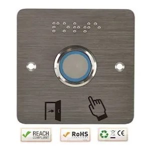 Plaque acier inox SSP225, 80 x 80 mm, perçage Ø 25 mm, pictogrammes "Porte + doigt" et "PORTE" en braille