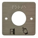 Plaque acier inox SSP231, 80 x 80 mm, perçage Ø 38 mm, pictogrammes "Porte + doigt" et "PORTE" en braille