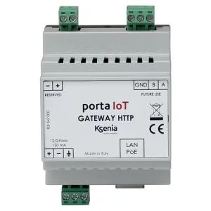 Porta IoT  Passerelle bidirectionnelle pour l'integration de dispositifs capable de recevoir/envoyer commandes http. La licence pour gérer jusqu'à 128 actions, y compris. Il est fourni avec un boîtier en plastique pour installation sur rail DIN.
