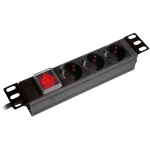 Prise de courant multiple Conçu pour les racks standardisés de 10" Format rackable 1U 3 sorties jusqu'à 250VAC / 16 A max. Interrupteur marche/arrêt Bouton de réinitialisation en cas de surcharge 