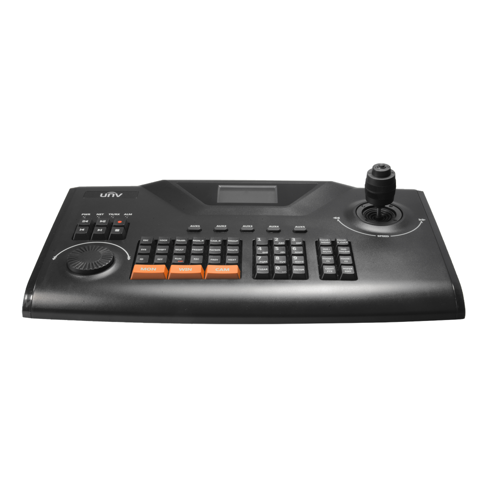 Pupitre de commande PTZ IP UNV  Produit professionnel  Gestion caméra + enregistreur  Onvif 2.4  Affichage LCD  Carte réseau  Joystick 4D  Connexion RS485/232 supplémentaire Garantie 36 mois