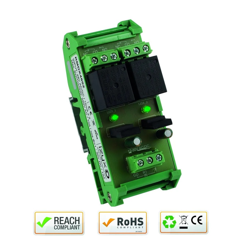 Module relais rail DIN, 48V AC/DC, 2 relais, 2 LEDs d'état, Maximum 250V AC / 10A - 30V DC / 10A