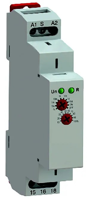 Relais temporisé TMD, 1 programme de temporisation, fixation sur rail DIN, 1M, 12V AC/DC à 230V AC/DC, plage de temporisation réglable de 0,1 seconde à 10 jours