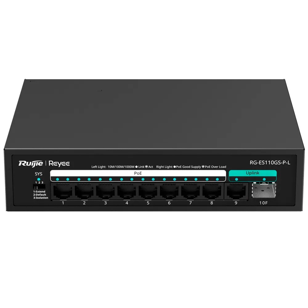 Reyee Switch PoE de bureau - 8 portsRJ45 + 1 Uplink RJ45 + 1 Uplink SFP - 8 Ports PoE+ 802.3af/at | Puissance totale 120W - Isolation des ports / Contrôle de flux / Surveillance