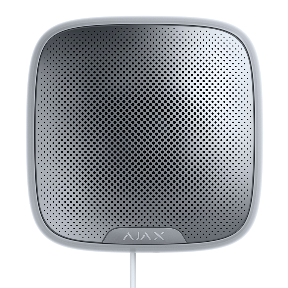 Sirène extérieure blanche Protocole Fibra Certifié grade 3 Bidirectionnel Borne de connexion pour 4 fils Alimentation 24 V DC 85~113 dB à 1 m de distance Durée maximale du son 3 minutes Alarme et voyant d'avertissement d'armement/désarmement 