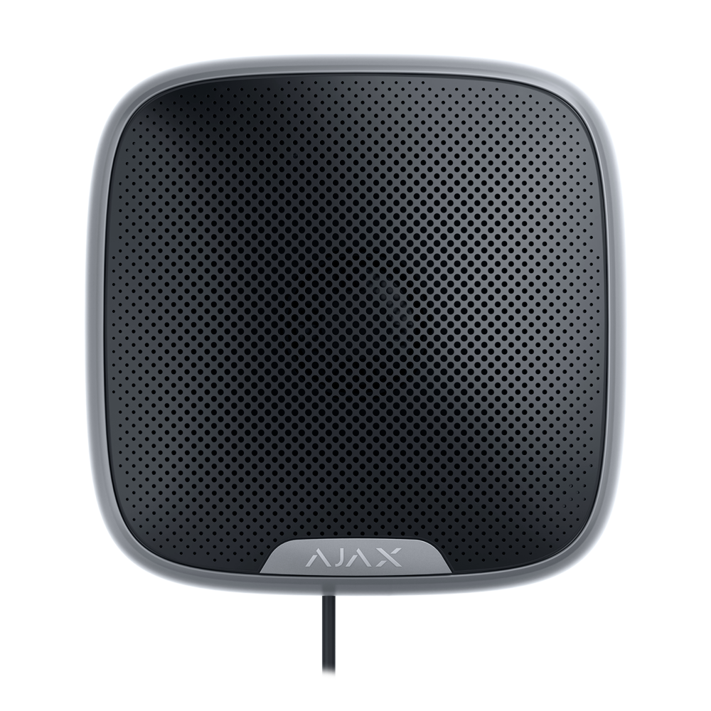 Sirène extérieure noire Protocole Fibra Certifié grade 3 Bidirectionnel Borne de connexion pour 4 fils Alimentation 24 V DC 85~113 dB à 1 m de distance Durée maximale du son 3 minutes Alarme et voyant d'avertissement d'armement/désarmement 