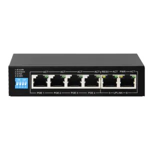 Switch PoE Safire - 4 ports PoE + 2 Uplink RJ45 - Vitesse 1000 Mbps sur tout les ports - Puissance maximale totale 60 W - Norme IEEE802.3at (PoE) / af (PoE+)