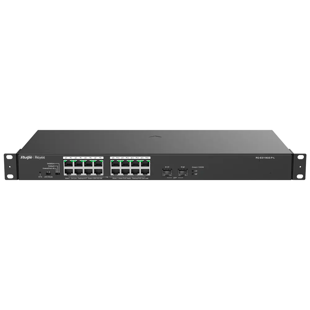 Switch PoE de bureau Reyee 16 ports RJ45 + 2 SFP de liaison montante 16 ports Gigabit + 2 ports Gigabit 16 ports PoE+ 802.3af/at Puissance totale 247W