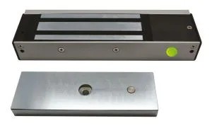 Ventouse électromagnétique en applique EMS, 1200 lbs (série 550 kg), 24 ou 48V DC, à rupture de courant, 1 contact inverseur CO/NO/NF, LED d'état vert/rouge, éjecteur anti-rémanence intégré à la contreplaque, NF S 61-937