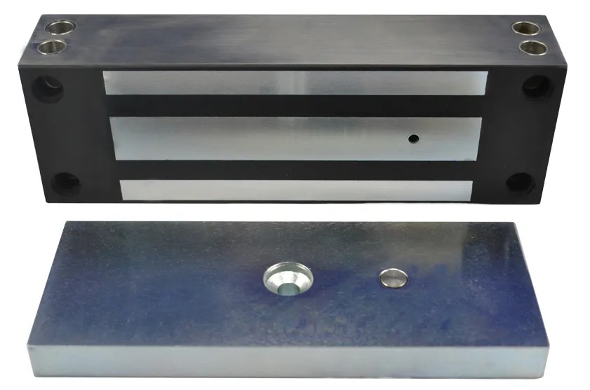 Ventouse électromagnétique applique EMS, IP 67, acier inox, 1200 lbs (série 550 kg), à rupture de courant, 12 ou 24V DC, 1 contact inverseur CO/NO/NF, raccordement 6m de câble, éjecteur anti-rémanence intégré à la contreplaque.