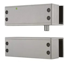 Verrou électrique compact, porte verre 9-12 mm, 5000 N, à rupture de courant, 12/24V DC, contact de signalisation porte ouverte/porte fermée