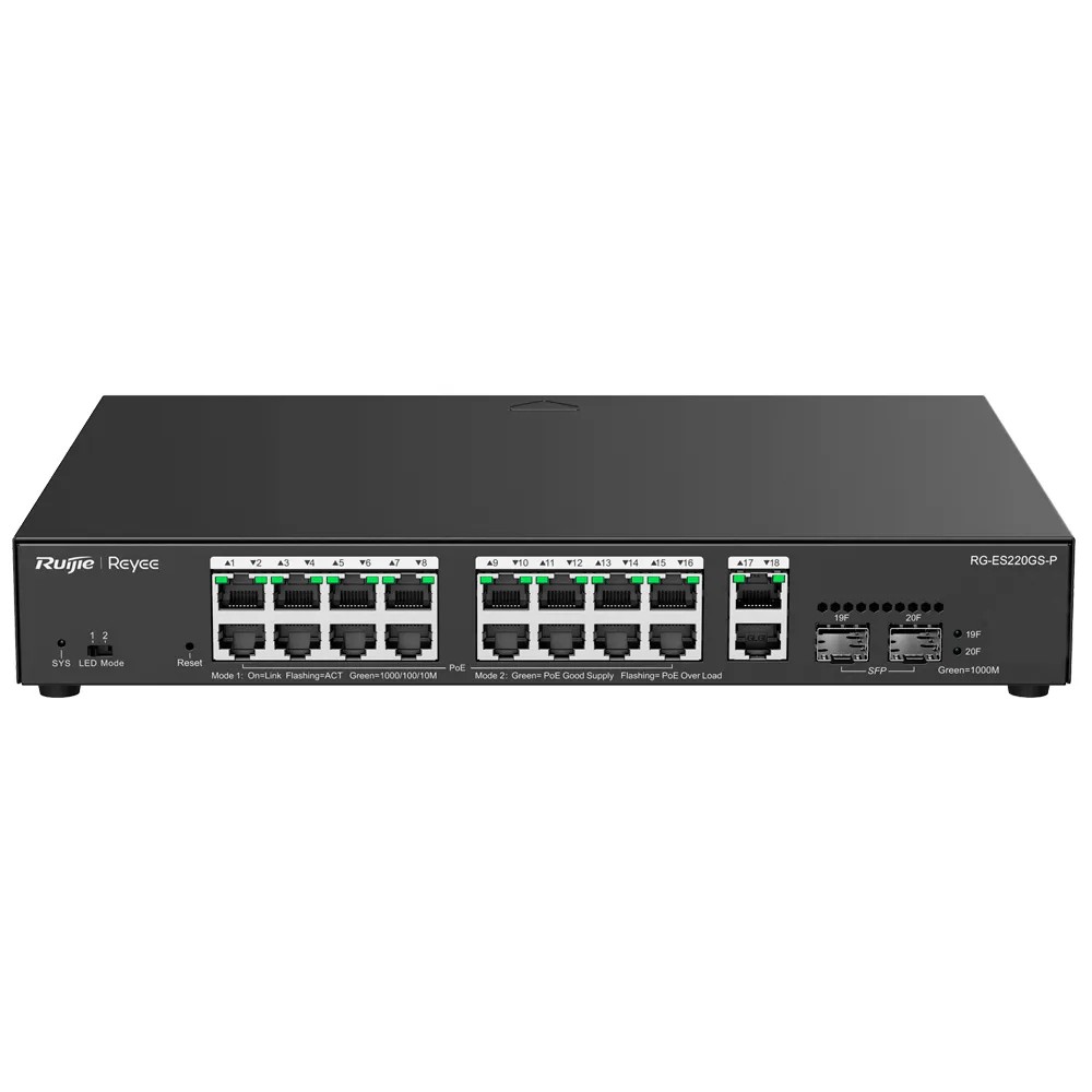 Switch Reyee PoE administrable Cloud - 16 PoE 802.3af/at + 2 SFP + 2 liaison uplink RJ45 - 18 RJ45 10/100/1000Mbps + 2 SFP 10/100/1000 - 30W par port 802.3af/at / Maximum 250W