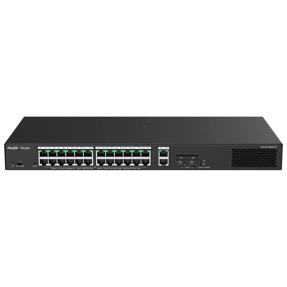 Switch Reyee PoE administrable Cloud 24 PoE 802.3af/at + 2 SFP + 2 liaison uplink RJ45 26 RJ45 10/100/1000Mbps + 2 SFP 10/100/1000 30W par port 802.3af/at / Maximum 370W VLAN/Port Isolation/Loop Detection Port Speed Limit