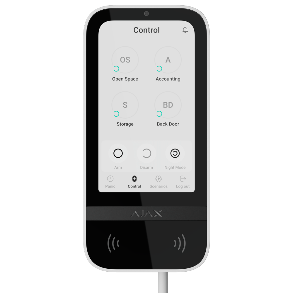  Clavier à écran tactile IPS avec lecteur RFID Armement/désarmement complet ou groupé. Contrôle des scénarios d'automatisation. Authentification: codes, lecteur RFID ou Bluetooth Connexion filaire et alimentation électrique externe à 12VDC. Certifié Grade 3