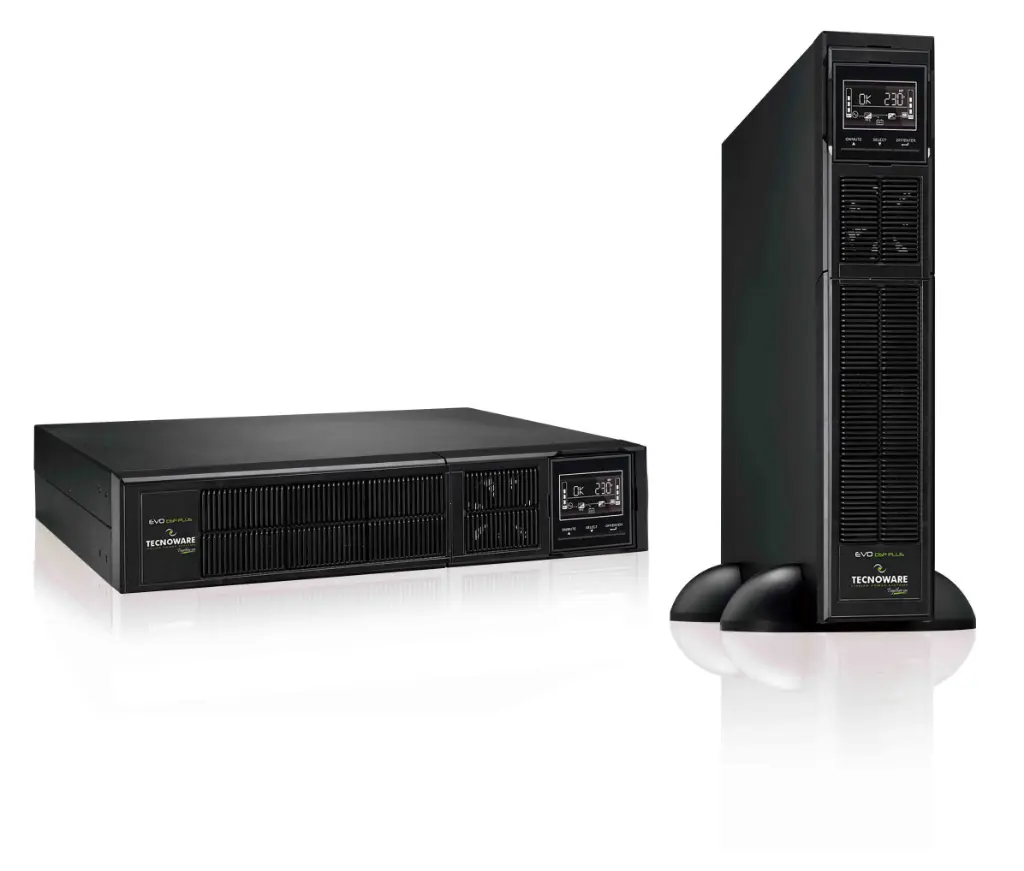 Onduleur UPS EVO DSP PLUS 1,200 RACK TOWER - Puissance 1,200 VA PF 0,9. On Line Technology (VFI) DSP, 94% d'efficacité, entrée / sortie 230 / 230Vac 50 / 60Hz, prises de sortie IEC