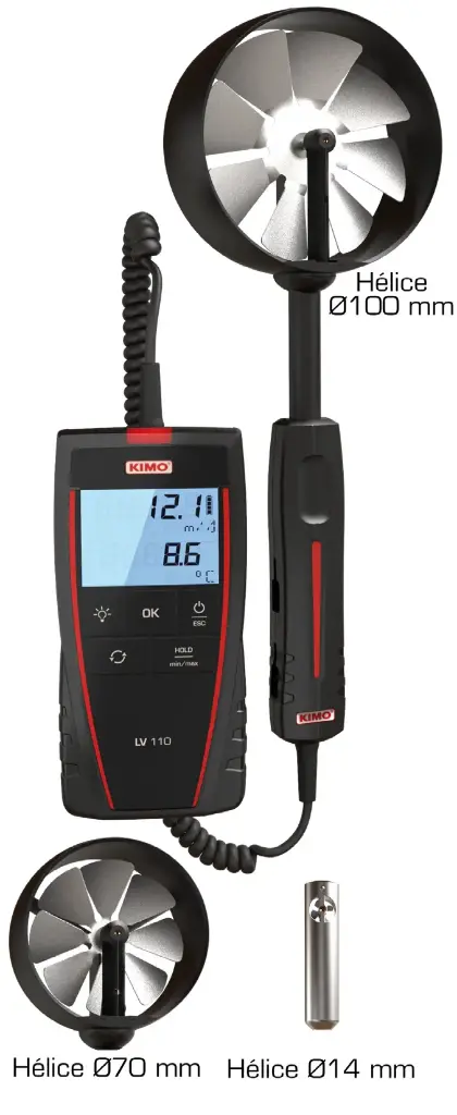 KIMO - LV 117 - Thermo-anémomètre à hélice Ø 70 mm avec certificat d’étalonnage et sacoche de transport
