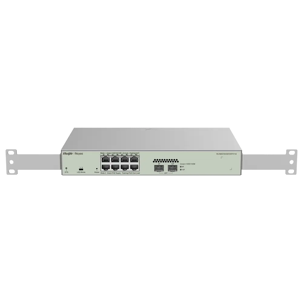 Reyee Switch PoE Cloud Layer 2     8 ports PoE+ Gigabit+ 2 SFP Gigabit     30W par port 802.3af/at / Maximum 125W     Static LAG/DHCP Snoop/IGMP Snoop/Port Mirror     VLAN/isolation des ports/STP/RSTP/ACL/QoS/LACP/SNMP     Enrackable