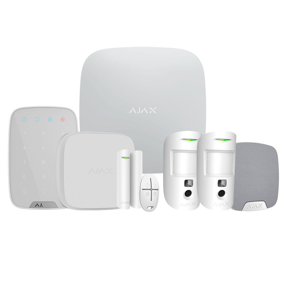 Kit de alarma profesional - Certificado Grado 2 - Comunicación Ethernet / dual SIM 4G - Inalámbrico 868 MHz Jeweller y Wings - Ajax HUB 2 2G, 2 PIRCAM y Contacto magnético - 1 mando, 1 teclado y 1 sirena interior