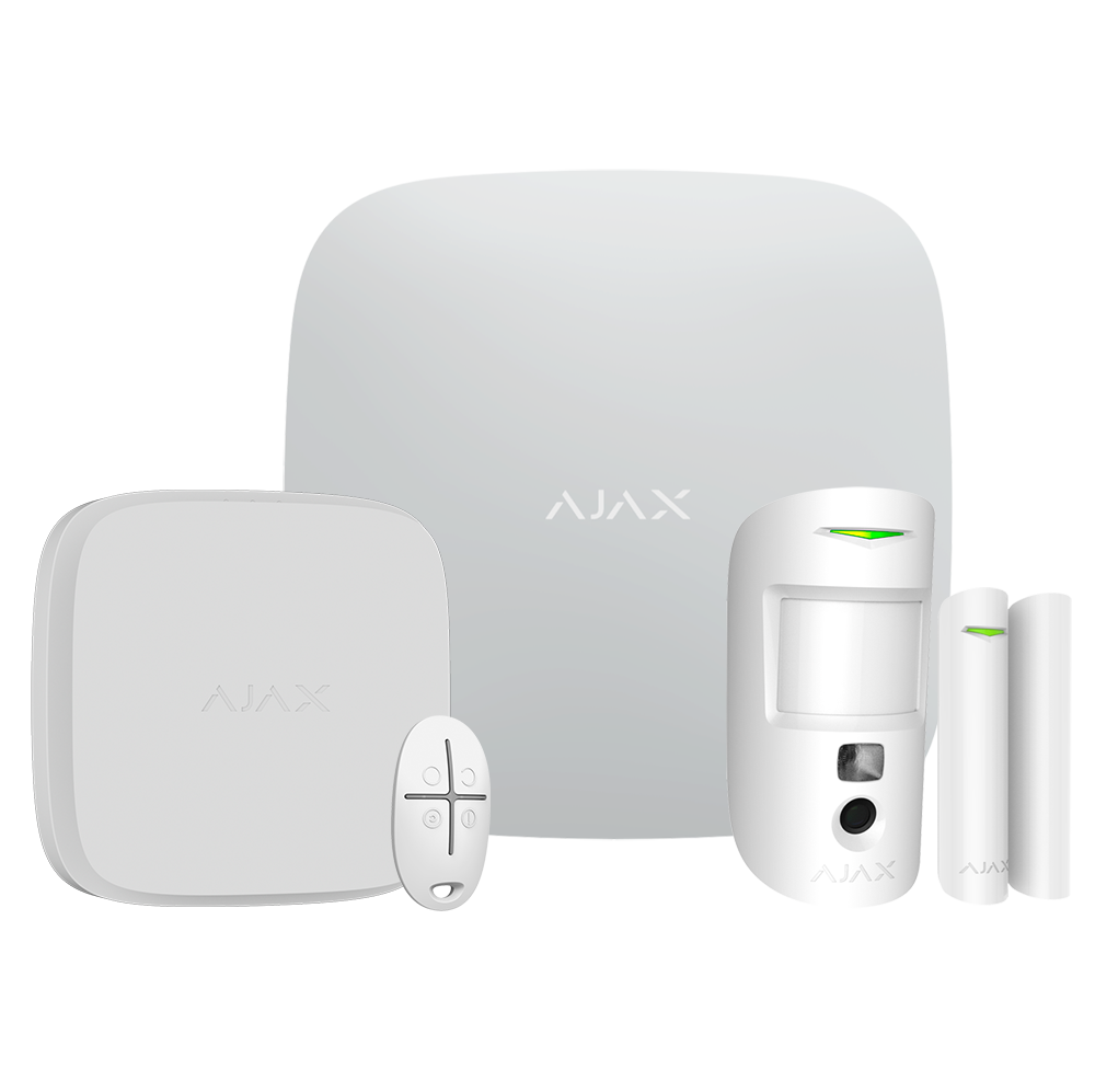 Kit de alarma profesional - Certificado Grado 2 - Comunicación Ethernet / dual SIM GPRS - Inalámbrico 868 MHz Jeweller y Wings - Ajax HUB 2 2G,  PIRCAM y Contacto magnético - Incluye mando y detector de incendios