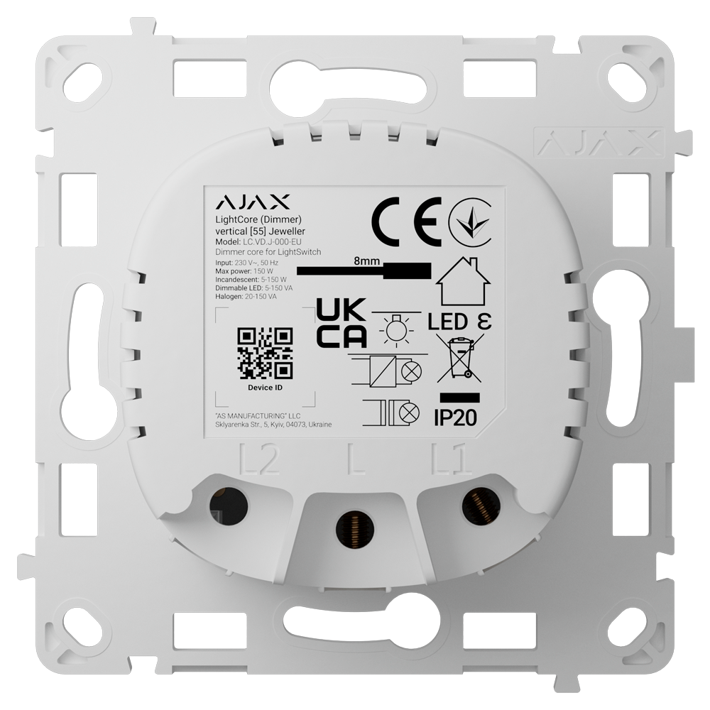 Interrupteur d'éclairage intelligent à gradation par relais - Sans fil 868 MHz Jeweller - Portée de communication jusqu'à 900 m - Alimentation électrique 230 V CA 50 Hz - Pas besoin de câble neutre - Ajax - LightSwitch LightCore (Dimmer) Vertical