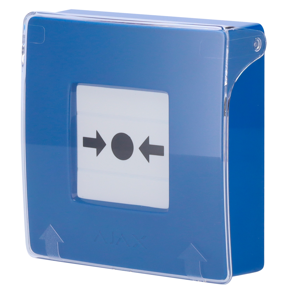 Bouton d'alarme incendie manuel bleu - Sans fil 868 MHz Jeweller - Bouton d'alarme incendie ou activateur de scénario - Compatible avec la fonction d'alarme interconnectée - Transmission de l'alarme à l'ARC (configurable) - Alimentation 2 piles CR123A