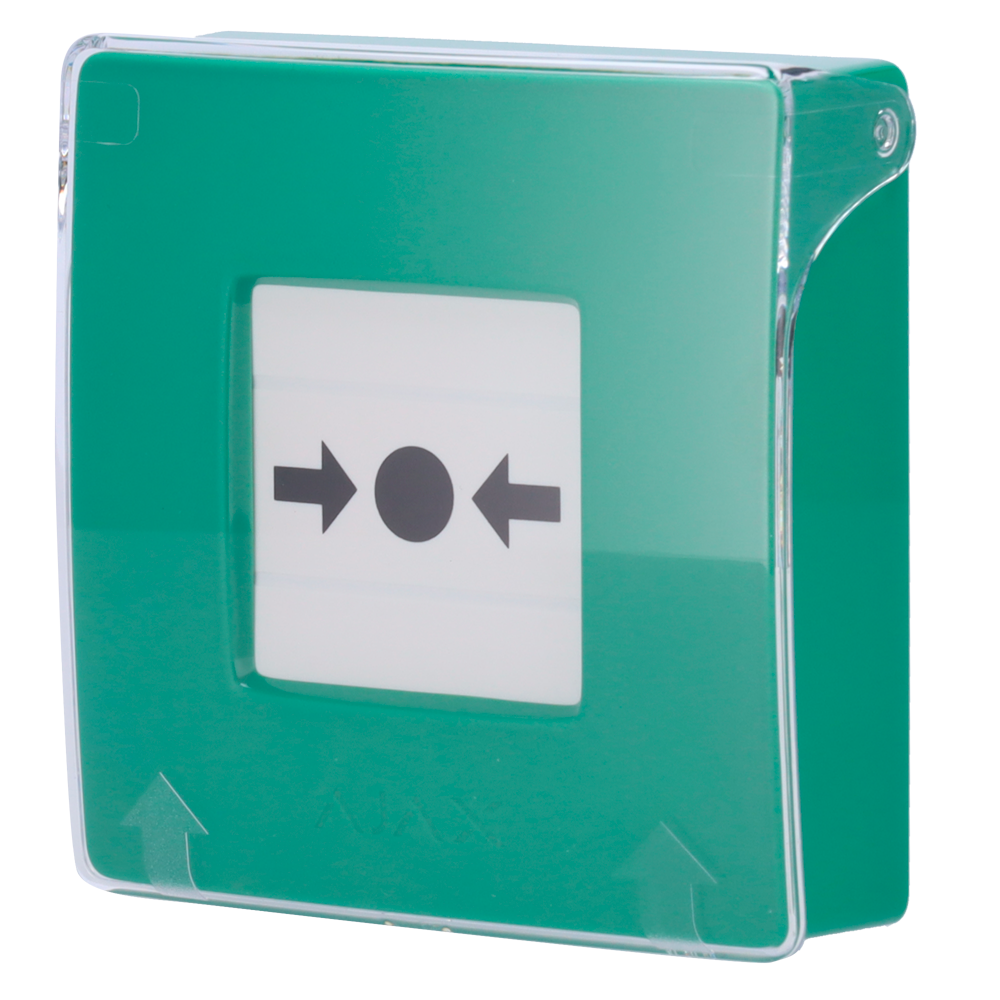 Bouton d'alarme incendie manuel vert - Sans fil 868 MHz Jeweller - Bouton d'alarme incendie ou activateur de scénario - Compatible avec la fonction d'alarme interconnectée - Transmission de l'alarme à l'ARC (configurable) - Alimentation 2 piles CR123A