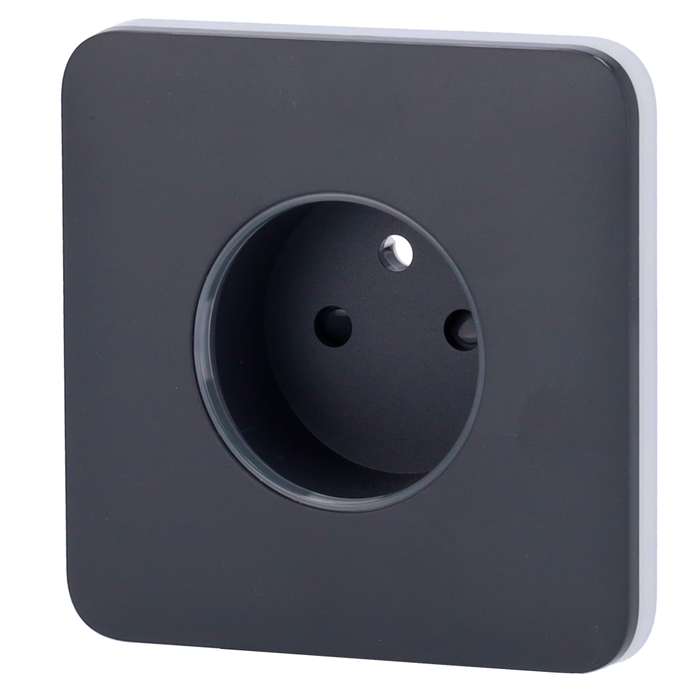 Cache-prise avant pour fiche intelligente de type E - Compatible avec AJ-OUTLETCORE-SMART-E - Indicateur LED de l'état de la prise et de la consommation d'énergie - Bouton tactile pour la commande manuelle - Rétro alimentation LED - Couleur graphite