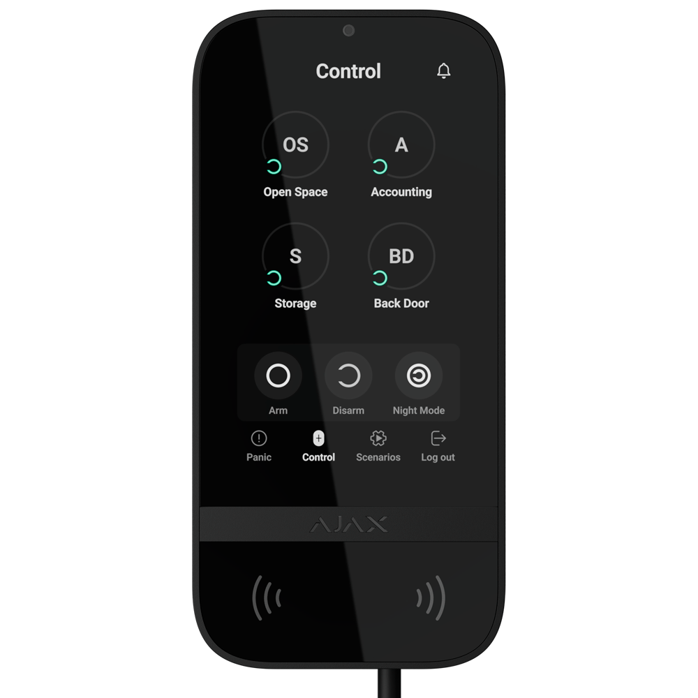 Clavier à écran tactile IPS avec lecteur RFID - Armement/désarmement complet ou groupé - Contrôle des scénarios d'automatisation - Authentification: codes, lecteur RFID ou Bluetooth - Connexion filaire et alimentation électrique externe à 12VDC - Certifié Grade 3
