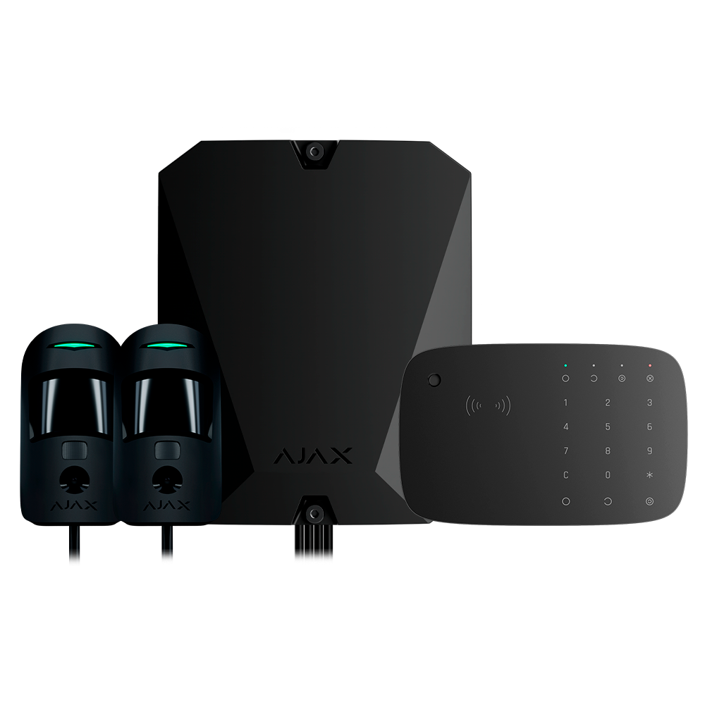 Kit d'alarme professionnelle - Certifié Grade 2 - Communication Ethernet et double SIM 2G - Protocoles Jeweller, Wings et Fibra - Inclus: panneau hybride, 2 PIRCAMs câblés, - clavier avec lecteur RFID et sirène sans fil