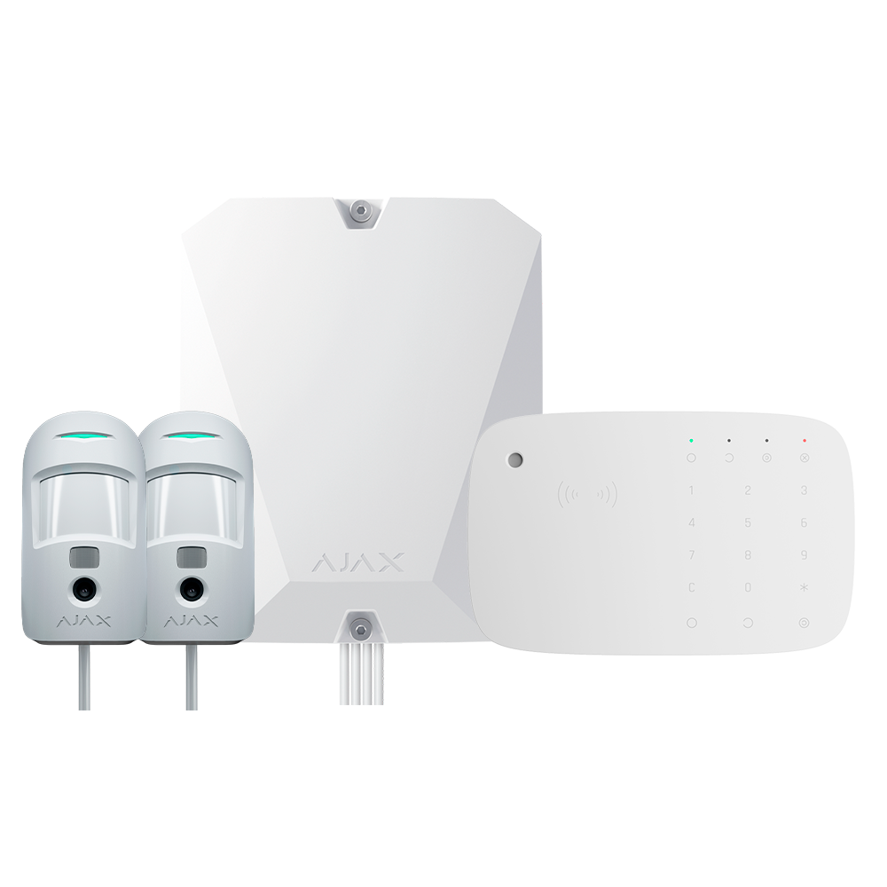 Kit d'alarme professionnelle - Certifié Grade 2 - Communication Ethernet et double SIM 2G - Protocoles Jeweller, Wings et Fibra - Inclus: panneau hybride, 2 PIRCAMs câblés, - clavier avec lecteur RFID et sirène sans fil