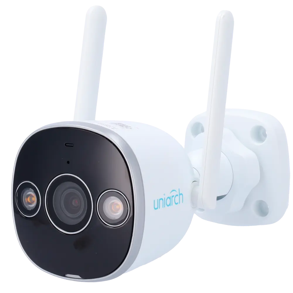 Caméra IP Wi-Fi Uniarch Panda série B Résolution jusqu'à 5Mpx, haute qualité d'image Détection des personnes et des véhicules - MicroSD 128GB Double éclairage intelligent: IR et lumière blanche Audio Bidirectionnel: Microphone et haut parleur Ultra H.265 | IP67