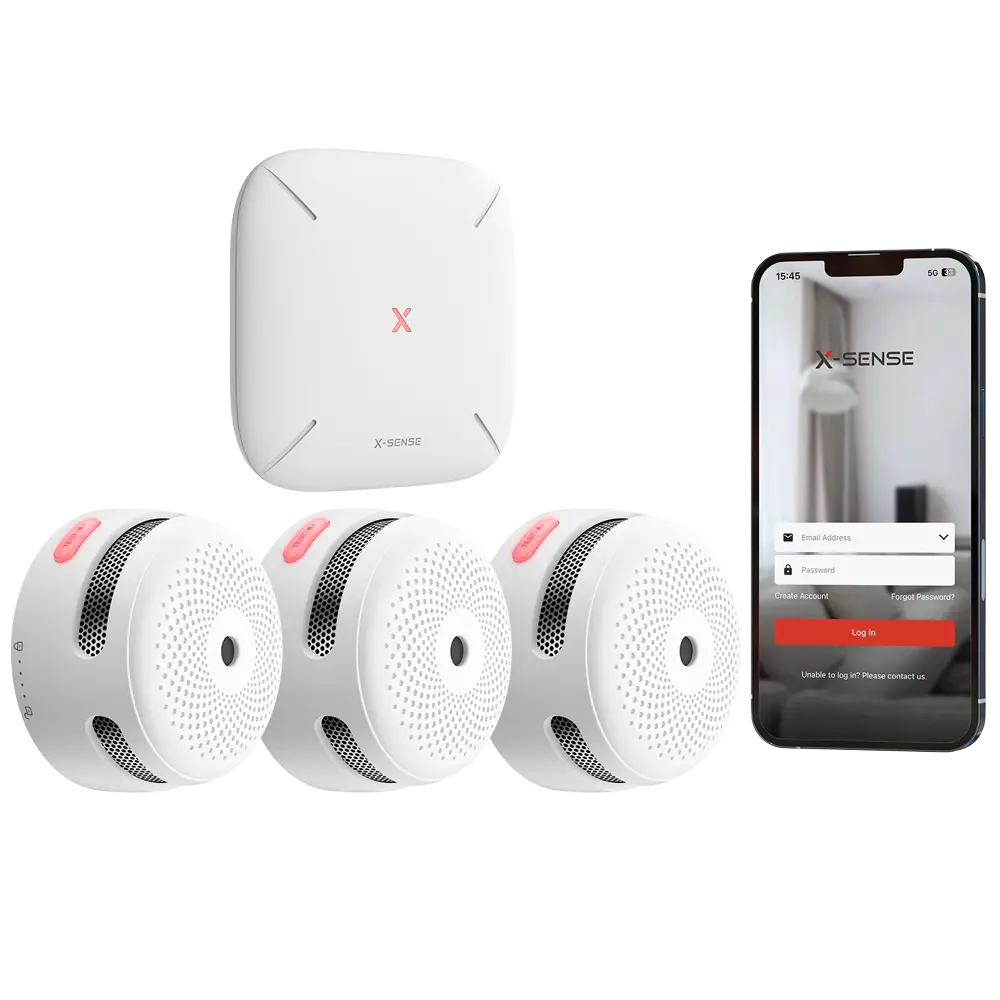 Kit de détection d'incendie autonome X-Sense Comprend 3 détecteurs de fumée XS01-M et le Hub SBS50 Connexion au HUB SBS50 pour la communication via APP Permet de connecter 50 détecteurs sur le même réseau Alarme sonore 85 dB à 3m Certifié EN 14604