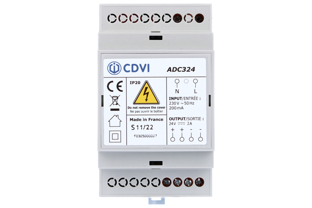 Alimentation à découpage 24V DC 2A non-secourue • Compacte : 3 modules rail DIN protégés en primaire & secondaire par électronique • Régulée & filtrée, haut rendement • Boitier ignifugé • Fabriquée en France